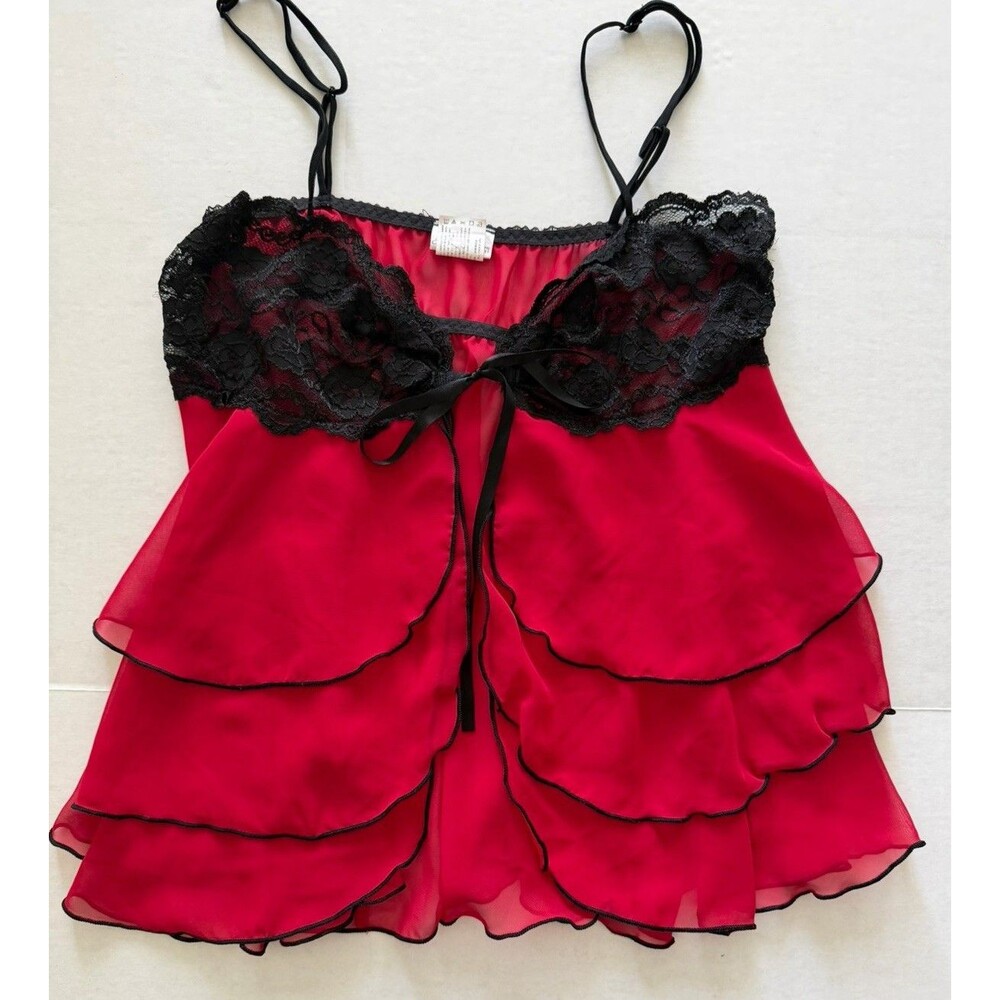 Secret Treasures L Red Black Lace Ruffle Babydoll Camisole Top Lingerie Coquette